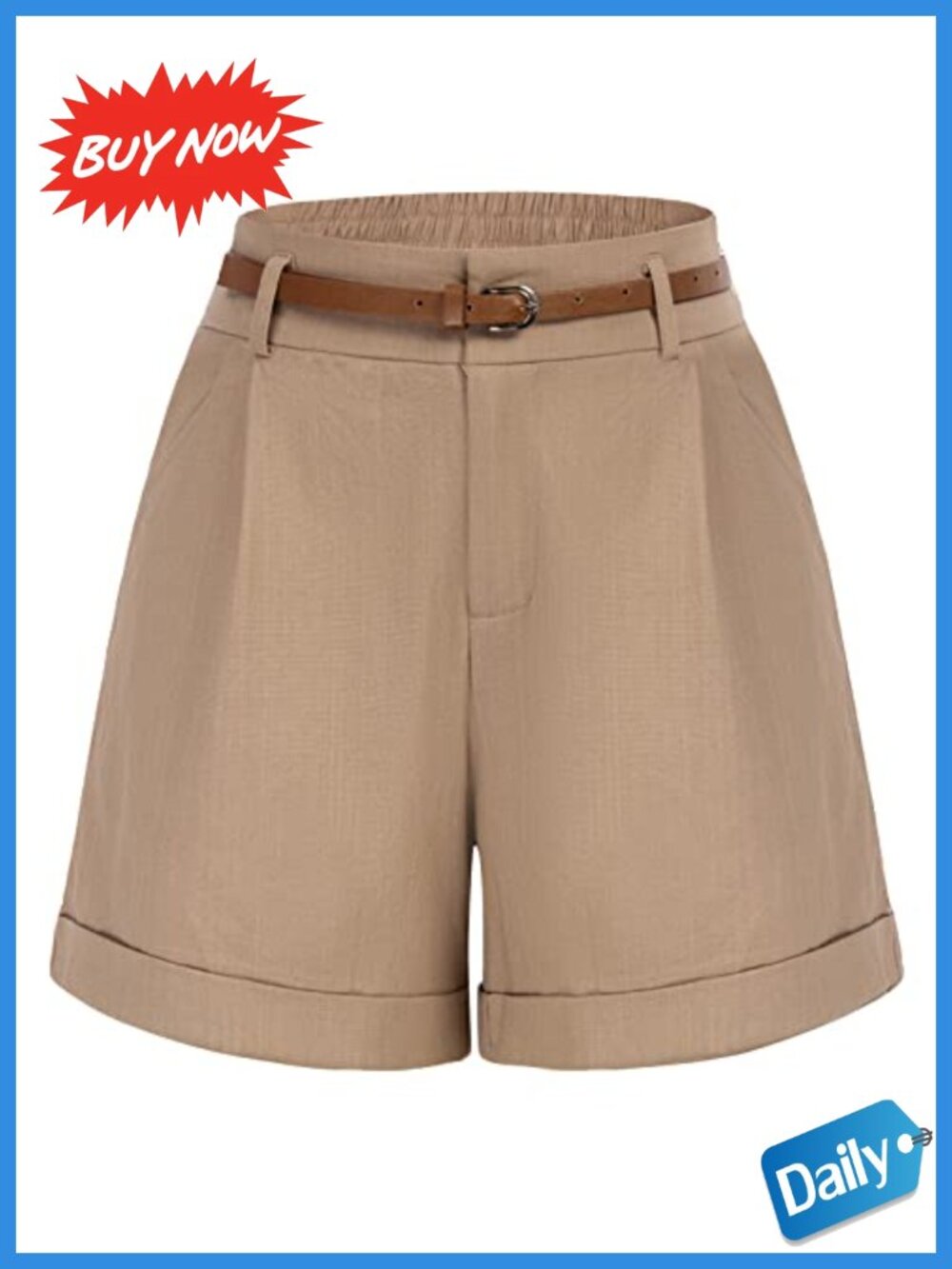 High Waist Bermuda Shorts Elastic Waist Wide Leg Folded Hem Pull On